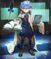 Rule 34 | 1boy, absurdres, amuroseo, blue eyes, blue hair, book, bow, bowtie, commentary, english commentary, fate/grand order, fate (series), glasses, hans christian andersen (fate), headphones, highres, long sleeves, looking at viewer, male focus, oversized clothes, shirt, short hair, solo, striped, tablet pc, vest
