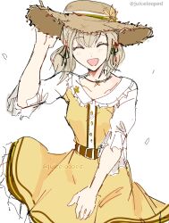 Rule 34 | 1girl, adair (juicelooped), azusawa kohane, buttons, closed eyes, commentary, cowboy shot, dress, facing viewer, flower, hat, highres, jewelry, light brown hair, necklace, official alternate costume, open mouth, project sekai, romaji commentary, short twintails, solo, sun hat, the vivid old tale (project sekai), twintails, twitter username, watermark, white background