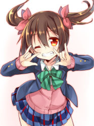 Rule 34 | 10s, 1girl, ;), blazer, bow, bowtie, brown hair, cardigan, dodome-iro mayonnaise, double m/, gradient background, grin, hair between eyes, hair ribbon, jacket, long sleeves, looking at viewer, love live!, love live! school idol project, m/, miniskirt, one eye closed, plaid, plaid skirt, pleated skirt, red eyes, ribbon, school uniform, short hair, skirt, smile, solo, striped bow, striped bowtie, striped clothes, striped neckwear, twintails, yazawa nico