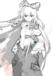 Rule 34 | 1girl, bow, breasts, closed mouth, collared shirt, commentary, cowboy shot, eyelashes, fire, floating hair, fujiwara no mokou, greyscale, hair bow, hands in pockets, highres, iovebly, long hair, long sleeves, looking at viewer, monochrome, ofuda, pants, red eyes, shirt, simple background, small breasts, smirk, solo, spot color, suspenders, symbol-only commentary, touhou, very long hair, weibo watermark, white background, white shirt