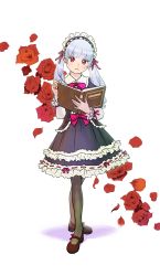Rule 34 | 1girl, blunt bangs, book, bow, colored eyelashes, crossed legs, dress, expressionless, flower, frills, full body, hairband, head tilt, highres, holding, holding book, lolita fashion, lolita hairband, low twintails, mary janes, medium dress, original, pantyhose, peco (pockleberry), pink eyes, ribbon, ribbon trim, rose, shoes, silver hair, solo, twintails, watson cross