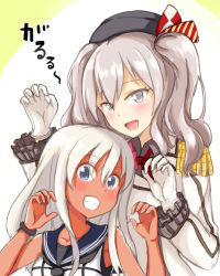Rule 34 | 10s, 2girls, atsushi (aaa-bbb), bare shoulders, blue eyes, buttons, claw pose, crop top, epaulettes, eyes visible through hair, flower, gloves, grey eyes, grin, hair between eyes, hair flower, hair ornament, highres, kantai collection, kashima (kancolle), kayano ai, long hair, looking at viewer, multiple girls, open mouth, ro-500 (kancolle), sailor collar, school swimsuit, school uniform, smile, swimsuit, swimsuit under clothes, tan, tanline, twintails, voice actor connection, wavy hair, white gloves, white hair