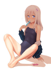 Rule 34 | 1girl, alternate costume, bare legs, barefoot, black one-piece swimsuit, blue eyes, blush, breasts, collarbone, commentary request, competition school swimsuit, eating, flower, food, full body, hair flower, hair ornament, jacket, kantai collection, long hair, long sleeves, looking at viewer, moose (moosemitchell2), off shoulder, one-piece swimsuit, one-piece tan, popsicle, ro-500 (kancolle), school swimsuit, simple background, sitting, small breasts, solo, spread legs, striped, swimsuit, swimsuit under clothes, tan, tanline, white background, white hair