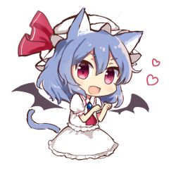 Rule 34 | &gt;:d, 1girl, :d, animal ears, ascot, bat wings, blue hair, blush, bow, brooch, cat ears, cat tail, chibi, detached wings, eyebrows, fang, hat, hat bow, heart, jewelry, kemonomimi mode, looking at viewer, low wings, mob cap, open mouth, paw pose, red eyes, remilia scarlet, short hair, simple background, skirt, skirt set, smile, solo, tail, touhou, v-shaped eyebrows, white background, wings, yada (xxxadaman)