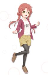 Rule 34 | 1girl, :d, absurdres, black pantyhose, brown footwear, brown shorts, circle, clothes writing, collarbone, double bun, fang, full body, hair bun, hair ornament, highres, himari (yutuki ame), jacket, leg up, long hair, long sleeves, looking at viewer, low twintails, open mouth, original, pantyhose, red hair, red jacket, shirt, shoes, shorts, simple background, skin fang, smile, sneakers, solo, twintails, white background, white shirt, x hair ornament, yellow eyes, yutuki ame