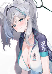 Rule 34 | 1girl, absurdres, ahoge, alternate costume, animal ears, aqua eyes, biker clothes, bikesuit, blue archive, blush, bodysuit, breasts, cleavage, collarbone, commentary request, cosplay, cross hair ornament, earrings, extra ears, grey hair, hair ornament, halo, highres, huge breasts, jewelry, kuroshiro kanae, logo, long hair, looking at viewer, looking to the side, mismatched pupils, ponytail, shadow, shiroko (blue archive), shiroko (blue archive) (cosplay), shiroko (cycling) (blue archive), shiroko terror (blue archive), short sleeves, simple background, solo, stud earrings, sweat, upper body, white background, wolf ears