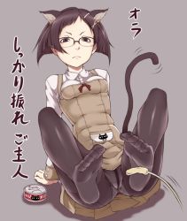 Rule 34 | 1girl, animal ears, arm support, bad anatomy, brown hair, cat ears, pet food, cat tail, cat teaser, crotch seam, feet, foot focus, frown, glasses, ina (gokihoihoi), legs, legs up, original, panties, panties under pantyhose, pantyhose, pantyshot, short hair, sitting, skirt, soles, solo, tail, tail wagging, toes, translated, underwear, upskirt