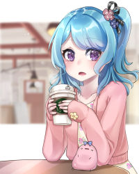 Rule 34 | 1girl, absurdres, artist name, bang dream!, blue hair, blurry, blurry background, cafe, cardigan, coffee cup, collarbone, cup, disposable cup, dress, elbows on table, floral print, flower, hair flower, hair ornament, hair ribbon, highres, holding, holding cup, long hair, long sleeves, matsubara kanon, open mouth, pikorupi (e ni14), pink cardigan, print dress, purple eyes, ribbon, sleeves past wrists, solo, stuffed toy, table, yellow dress