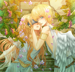 Rule 34 | 1boy, 1girl, angel wings, armband, blindfold, blonde hair, blue eyes, couple, cupid, eros, food, fruit, grapes, greek mythology, hands on another&#039;s face, hetero, original, psyche, rosehearts, wings