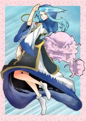 Rule 34 | 1boy, 1girl, blue eyes, blue hair, breasts, clenched hand, cloud, colored eyelashes, dress, hood, jewelry, kesa, kumoi ichirin, long hair, long sleeves, necklace, pendant, ring, shibe362, smile, touhou, unzan, wide sleeves, wristband