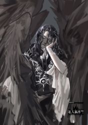 Rule 34 | 1boy, absurdres, angel, black hair, black robe, black wings, bracer, chinese commentary, chinese text, ciafer, closed eyes, closed mouth, commentary request, english text, hand on own cheek, hand on own face, headwear request, highres, long hair, long sleeves, lord of the mysteries, robe, sasrir (lord of the mysteries), sitting, sleeping, solo focus, white neckwear, wings