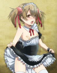 Rule 34 | 10s, 1girl, alternate costume, bandaid, bandaids on nipples, blush, brown hair, clothes lift, detached collar, enmaided, flat chest, keita (tundereyuina), maid, open mouth, pasties, red eyes, short twintails, silica, skirt, skirt lift, sword art online, thighhighs, twintails, white thighhighs, wrist cuffs