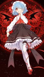 Rule 34 | 1girl, absurdres, ahoge, alternate costume, ascot, bat wings, blood, blue hair, blush, bridal garter, fang, hair over one eye, hat, highres, long sleeves, looking at viewer, magic circle, mary janes, pantyhose, pointy ears, red eyes, remilia scarlet, shoes, short hair, skirt, smile, solo, touhou, transistor, white pantyhose, wings