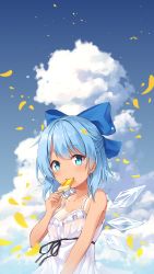 Rule 34 | 1girl, absurdres, aqua eyes, aqua hair, bare shoulders, blue sky, blush, bow, breasts, cirno, cleavage, cloud, collarbone, dress, eating, eyes visible through hair, food, frilled dress, frills, hair bow, highres, holding, holding food, ice, ice wings, petals, popsicle, short hair, sky, small breasts, summer, sundress, tan, tanline, tanned cirno, touhou, upper body, white dress, wings, yaruwashi