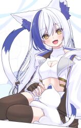 animal_ear_fluff animal_ears anku aomiya_yozuri black_gloves black_thighhighs blue_hair blush braid breasts cat cat_ears cat_girl cat_tail cleavage cleavage_cutout clothing_cutout commentary_request crop_top fingerless_gloves gloves hair_between_eyes highres jacket long_hair looking_at_viewer open_clothes open_jacket open_mouth shirt sidelocks single_braid sitting skirt small_breasts tail thighhighs vee_(vtuber) wariza white_hair white_jacket white_shirt white_skirt yellow_eyes zettai_ryouiki