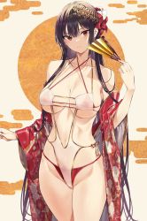 Rule 34 | 1girl, bare shoulders, bikini, black hair, breasts, closed mouth, collarbone, cowboy shot, floral print, flower, folding fan, groin, hair flower, hair ornament, haitekudasai takamine-san, hand fan, hand up, highres, hiiragi yuuichi, holding, holding fan, japanese clothes, kimono, large breasts, long hair, looking at viewer, one-piece swimsuit, open clothes, open kimono, red bikini, red eyes, red flower, red kimono, skindentation, solo, swimsuit, takamine takane, thighs, underboob, very long hair, white flower, wide sleeves