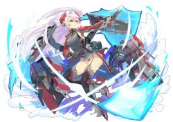 Rule 34 | 1girl, aoiro (t aoiro123), azur lane, black panties, cannon, commentary request, cross, energy barrier, energy shield, full body, garter straps, gloves, grey hair, highres, iron cross, long hair, long sleeves, orange eyes, panties, parted lips, prinz eugen (azur lane), rigging, solo, thighhighs, turret, two side up, underwear, white background