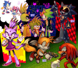 Rule 34 | 3girls, 6+boys, 9474s0ul, aiming, animal ears, animal nose, black eyes, black jacket, blaze the cat, blue eyes, bug, cat ears, cat girl, cat tail, closed mouth, dress, english text, eyewear on head, fangs, fox boy, fox ears, fox tail, furry, furry female, furry male, gloves, gun, half-closed eyes, highres, holding, holding gun, holding weapon, jacket, knuckles the echidna, long sleeves, looking at another, looking at viewer, manic the hedgehog, medal, metal amy, multiple boys, multiple girls, multiple tails, official alternate costume, open clothes, open jacket, open mouth, orange pants, pants, pointing, pointing up, ponytail, purple dress, red-framed eyewear, red eyes, red footwear, robot, scar, scar on chest, scourge the hedgehog, shard the metal sonic, sharp teeth, shoes, smile, sonic (series), sonic the hedgehog, sonic the hedgehog (archie comics), sonic the hedgehog (idw), sonic underground, spider, standing, sunglasses, surge the tenrec, sweat, tail, tails (sonic), teeth, thumbs up, torn clothes, torn sleeves, two tails, weapon, white gloves, yellow eyes