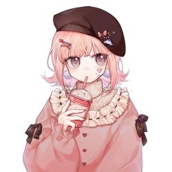 Rule 34 | 1girl, alternate costume, beret, chakisine, chinese commentary, commentary request, cup, danganronpa (series), danganronpa 2: goodbye despair, drinking, drinking straw, drinking straw in mouth, earrings, frills, galaga, hair ornament, hat, hat pin, heart stickers, holding, holding cup, jewelry, long sleeves, looking at viewer, medium hair, nanami chiaki, pink eyes, pink hair, pink sweater, pom pom (clothes), pom pom earrings, safety pin, simple background, solo, spaceship hat ornament, star sticker, sticker on face, sweater, turtleneck, upper body, white background, x hair ornament