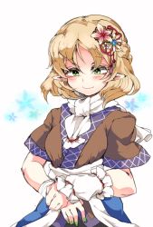 Rule 34 | 1girl, arm warmers, blonde hair, blush, breasts, earrings, eyebrows, flower, green eyes, green nails, hair flower, hair ornament, happy, iroyopon, jewelry, medium breasts, mizuhashi parsee, nail polish, pointy ears, scarf, short hair, smile, solo, touhou