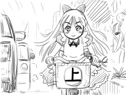Rule 34 | 1girl, :&gt;, apron, bicycle, blush stickers, bow, car, dress, female focus, frilled dress, frills, gensoukoumuten, greyscale, hair bow, long hair, looking at viewer, monochrome, motor vehicle, neck ribbon, ribbon, riding, shanghai doll, short sleeves, sketch, smile, solo focus, touhou, translated, vehicle