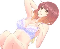 Rule 34 | 1girl, adjusting clothes, bra, breasts, brown hair, cleavage, frilled bra, frills, gradient hair, hairband, hand on own chest, hijiri byakuren, legs together, knees up, lingerie, long hair, lying, mayoln, mouth hold, multicolored hair, navel, on back, smile, solo, strap lift, touhou, underwear, underwear only, white background, yellow eyes