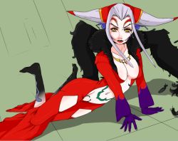 Rule 34 | 1990s (style), 1girl, breasts, cleavage, dress, female focus, final fantasy, final fantasy viii, fur collar, gloves, grey hair, horns, long dress, long hair, lying, makeup, midriff, navel, red dress, retro artstyle, solo, ultimecia, yellow eyes