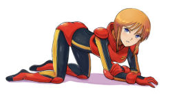 Rule 34 | 1girl, all fours, bent over, blue eyes, bodysuit, gacha-m, gundam, gundam zz, looking at viewer, open mouth, orange hair, pilot suit, puru two, shadow, short hair, sidelocks, simple background, solo, white background