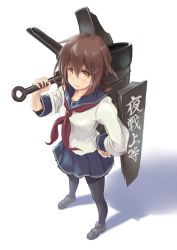 Rule 34 | 10s, 1girl, brown eyes, brown hair, from above, hair ornament, hairclip, hand on own hip, highres, ikazuchi (kancolle), kantai collection, looking at viewer, pantyhose, school uniform, serafuku, short hair, skirt, smile, solo, wa (genryusui)