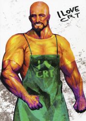 Rule 34 | 1boy, absurdres, apron, artbook, bald, clenched hand, crt, dark-skinned male, dark skin, english text, facial hair, green apron, highres, huke, huke (style), i heart..., manly, muscular, muscular male, official art, old, old man, purple eyes, realistic, shirt, steins;gate, tennouji yuugo, white background, yellow shirt