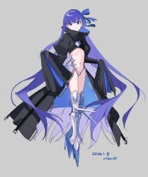 Rule 34 | 1girl, armored boots, black jacket, blue eyes, blue ribbon, blush, boots, breasts, cropped jacket, crotch plate, fate/extra, fate/extra ccc, fate (series), full body, hair ribbon, highres, jacket, long hair, long sleeves, looking at viewer, meltryllis (fate), navel, prosthesis, prosthetic leg, purple hair, ribbon, rizu033, sleeves past fingers, sleeves past wrists, small breasts, solo, very long hair