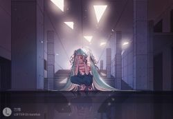 Rule 34 | 1girl, aqua hair, bare arms, blue pants, camera, ceiling, closed mouth, crop top, crop top overhang, facing viewer, flower, hair flower, hair ornament, hatsune miku, highres, holding, holding camera, light particles, long hair, mannkai, midriff, pants, pillar, reflective floor, shirt, shoes, short sleeves, smile, solo, squatting, stairs, striped clothes, striped shirt, taking picture, triangle, twintails, very long hair, vocaloid, white footwear