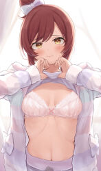 Rule 34 | 1girl, absurdres, blush, bow, bra, breasts, brown hair, clothes lift, collarbone, hair bow, highres, idolmaster, idolmaster shiny colors, kijibato 123-gou, lace, lace-trimmed bra, lace trim, long hair, looking at viewer, loungewear, medium breasts, navel, osaki amana, pants, smile, solo, striped clothes, striped sweater, sweat, sweater, sweater lift, swept bangs, tears, underwear, wavy mouth, yellow eyes