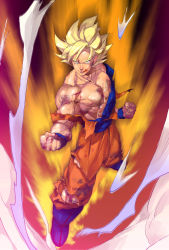 Rule 34 | 1boy, aura, bad id, bad pixiv id, blonde hair, blood, blue footwear, boots, dragon ball, dragonball z, green eyes, highres, lips, male focus, manly, muscular, solo, son goku, spiked hair, super saiyan, super saiyan 1, supobi, torn clothes