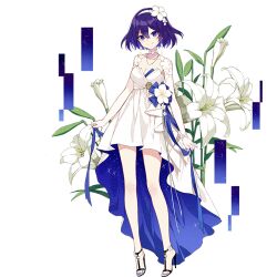 Rule 34 | 1girl, black footwear, blue dress, blue eyes, blue hair, blue nails, breasts, choker, cleavage, closed mouth, dress, flower, full body, hair flower, hair ornament, hairband, high heels, honkai (series), honkai impact 3rd, nail polish, official art, seele vollerei, smile, solo, third-party source, transparent background, two-tone dress, white choker, white dress, white flower