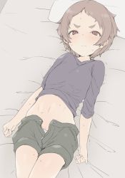 Rule 34 | 1girl, blush, brown eyes, brown hair, female focus, highres, kohaku q, lying, matsuri (princess connect!), navel, on back, on bed, open fly, pillow, princess connect!, princess connect!, short hair, short shorts, shorts, solo, @ @, sweat, unbuttoned