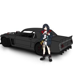 1girl arknights black_car black_choker black_footwear black_hair black_jacket black_socks boots car choker closure_(arknights) ford ford_mustang ford_mustang_(1st_generation) hand_up hoonigan jacket kofucchi long_sleeves motor_vehicle muscle_car open_clothes open_jacket pointy_ears side_ponytail simple_background socks solo standing two-sided_fabric two-sided_jacket v vehicle_focus white_background