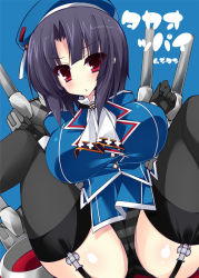 Rule 34 | 1girl, akikaze tsumuji, beret, black gloves, black hair, black panties, black thighhighs, blue background, blush, breasts, cameltoe, cannon, cleft of venus, garter straps, gloves, hat, kantai collection, large breasts, military, military uniform, miniskirt, panties, red eyes, rigging, short hair, skirt, solo, striped clothes, striped panties, surprised, takao (kancolle), thighhighs, turret, underwear, uniform