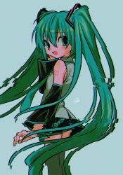 Rule 34 | 1girl, aqua eyes, aqua hair, bare shoulders, blue eyes, blue hair, crypton future media, detached sleeves, green hair, hair ornament, hatsune miku, highres, long hair, looking at viewer, menma (enaic31), necktie, open mouth, piapro, simple background, skirt, smile, solo, thighhighs, twintails, twintails day, very long hair
