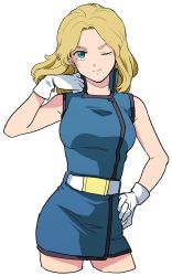 Rule 34 | 1girl, ;), absurdres, belt, beltorchika irma, blonde hair, blue dress, breasts, closed mouth, contrapposto, cropped legs, dress, green eyes, gundam, hand in own hair, hand on own hip, highres, long hair, looking at viewer, medium breasts, oh syz, one eye closed, short dress, simple background, sketch, sleeveless, sleeveless dress, smile, solo, standing, white background, white belt, zeta gundam