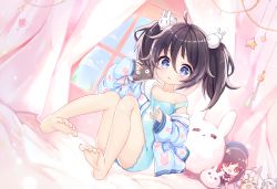 Rule 34 | absurdres, animal print, artist request, bare shoulders, barefoot, bed, black hair, blossomlive!, blue eyes, flat chest, hair ornament, highres, long sleeves, oversized clothes, rabbit, rabbit hair ornament, rabbit print, shinyoon nan (vtuber), sleepwear, solo, twintails, virtual youtuber