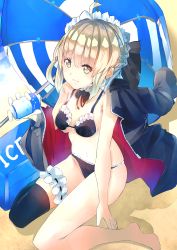 Rule 34 | ahoge, artoria pendragon (all), artoria pendragon (alter swimsuit rider) (fate), artoria pendragon (alter swimsuit rider) (second ascension) (fate), artoria pendragon (fate), bare shoulders, barefoot, beach, bikini, black ribbon, blonde hair, braid, breasts, can, collar, commentary request, container, fate/grand order, fate (series), french braid, frilled bikini, frilled thighhighs, frills, hair ribbon, highres, jacket, jacket on shoulders, looking at viewer, marova-00, ribbon, saber alter, sand, single thighhigh, sitting, small breasts, soft drink, solo, swimsuit, thighhighs, umbrella, wariza, yellow eyes