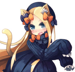 Rule 34 | 1girl, :3, :d, abigail williams (fate), animal ear fluff, animal ears, bad id, bad pixiv id, black bow, black dress, black hat, blonde hair, blue eyes, blush, bow, cat ears, cat girl, cat tail, commentary request, dress, fang, fate/grand order, fate (series), hair bow, hands up, hat, head tilt, kemonomimi mode, long hair, long sleeves, looking at viewer, open mouth, orange bow, parted bangs, polka dot, polka dot bow, simple background, sleeves past fingers, sleeves past wrists, smile, solo, sorrau, tail, v-shaped eyebrows, very long hair, whiskers, white background