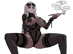 Rule 34 | 1girl, absurdres, black leotard, black thighhighs, breast curtains, breasts, breasts apart, cleavage cutout, clothing cutout, commentary request, commission, dark-skinned female, dark skin, eyewear on head, facing viewer, gigle, grey hair, hair between eyes, highres, holding, holding smoking pipe, korean commentary, large breasts, leotard, long hair, long sleeves, looking ahead, open mouth, original, red eyes, simple background, smoke, smoking pipe, solo, spread legs, sunglasses, thighhighs, very long hair, white background