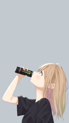 Rule 34 | 1girl, black shirt, blonde hair, can, character request, commentary request, copyright request, drinking, from side, grey background, highres, holding, holding can, kiona (giraffe kiona), long hair, looking up, monster energy, profile, shirt, short sleeves, simple background, solo, t-shirt, upper body