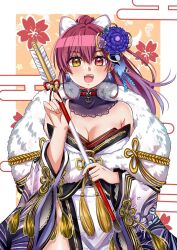 Rule 34 | 1girl, alternate costume, arrow (projectile), breasts, cleavage, collar, detached collar, fur-trimmed collar, fur-trimmed kimono, fur collar, fur trim, furisode, hamaya, happy new year, heterochromia, highres, holding, holding arrow, hololive, houshou marine, houshou marine (new year), japanese clothes, kimono, large breasts, long hair, looking at viewer, maroonabyss, new year, obi, official alternate costume, open mouth, ponytail, print kimono, red eyes, red hair, sash, smile, solo, spanish commentary, virtual youtuber, white kimono, yellow eyes