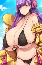 Rule 34 | 1girl, bikini, black bikini, breasts, claw (weapon), curvy, fate/extra, fate/extra ccc, fate/grand order, fate (series), gigantic breasts, hair ribbon, highres, looking at viewer, passionlip (fate), pink eyes, pink ribbon, plump, purple hair, ribbon, smile, solo, swimsuit, tsukasawa takamatsu, upper body, weapon