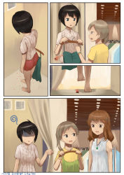 Rule 34 | 3girls, alternate costume, artist name, black hair, brown eyes, brown hair, casual, clothes hanger, comic, curtains, dated, fernandia malvezzi, green eyes, grey eyes, grey hair, highres, indoors, jewelry, kanokoga, long hair, luciana mazzei, martina crespi, multiple girls, necklace, neuroi, pendant, shopping, short hair, side ponytail, smile, strike witches, world witches series, wristband
