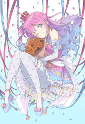 Rule 34 | 1girl, bare shoulders, blue footwear, bouquet, candy hair ornament, crescent, crescent earrings, crown, dress, earrings, floating, flower, food-themed hair ornament, green eyes, hair ornament, highres, himemori luna, himemori luna (1st costume), hololive, jewelry, kanzaki hiro, long hair, looking at viewer, multicolored hair, official art, one eye closed, pantyhose, pink hair, solo, virtual youtuber, white footwear