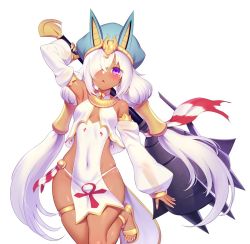 Rule 34 | 1girl, arm up, armpits, breasts, covered navel, dark-skinned female, dark skin, detached sleeves, egyptian clothes, eiyuu senki ww, gluteal fold, hair over one eye, hat, huge weapon, leg up, long hair, low twintails, m-da s-tarou, official art, panties, pelvic curtain, purple eyes, see-through silhouette, shiny skin, simple background, skindentation, small breasts, solo, thighlet, thutmose (eiyuu senki), twintails, underwear, very long hair, weapon, white background, white hair, white panties